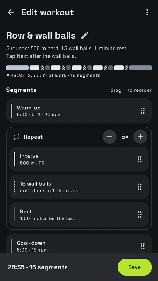 Workout editor with rowing intervals and wall balls.