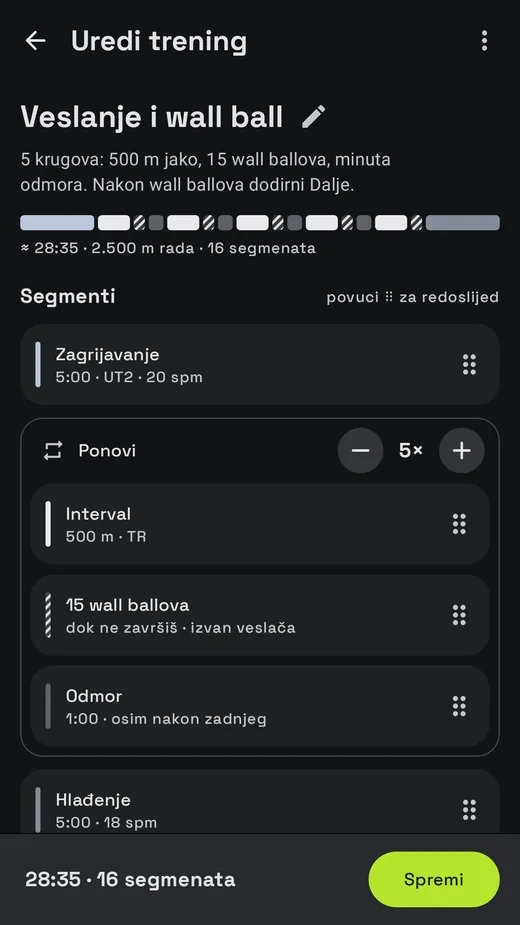 Editor treninga s intervalima veslanja i wall ballovima.