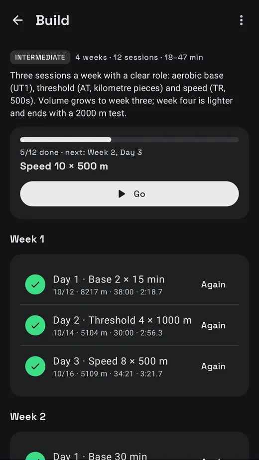 The Build program: week 1 done, next day highlighted.